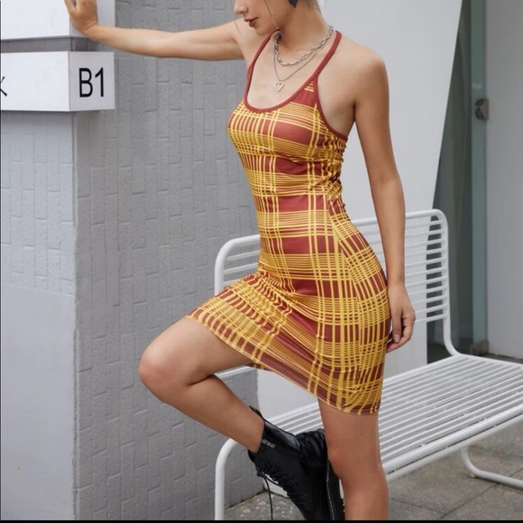 Sexy Plaid Halter Mini Dress Tie Up Strap Check Stripe Geometric Pattern Art New - Picture 4 of 6